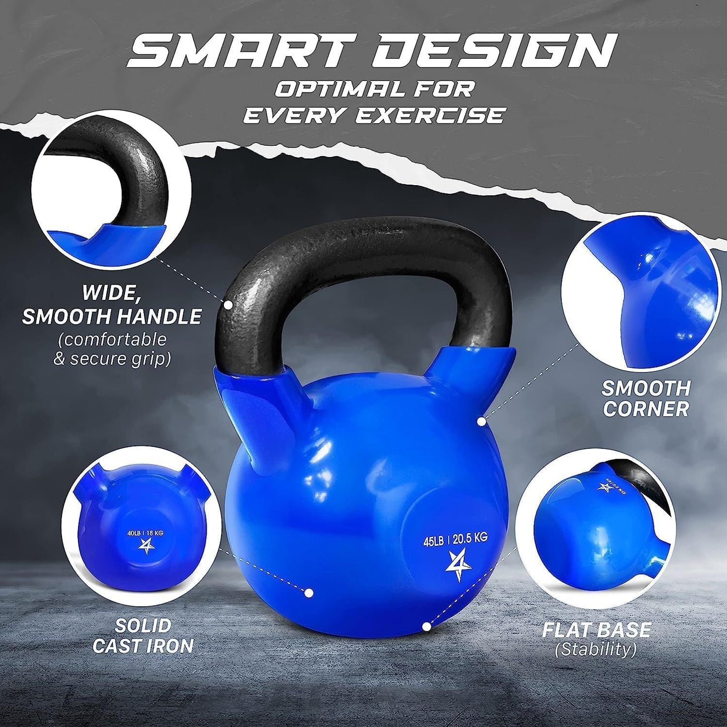 Vinyl Coated Cast Iron Kettlebell 5–100LB Home Strength Training