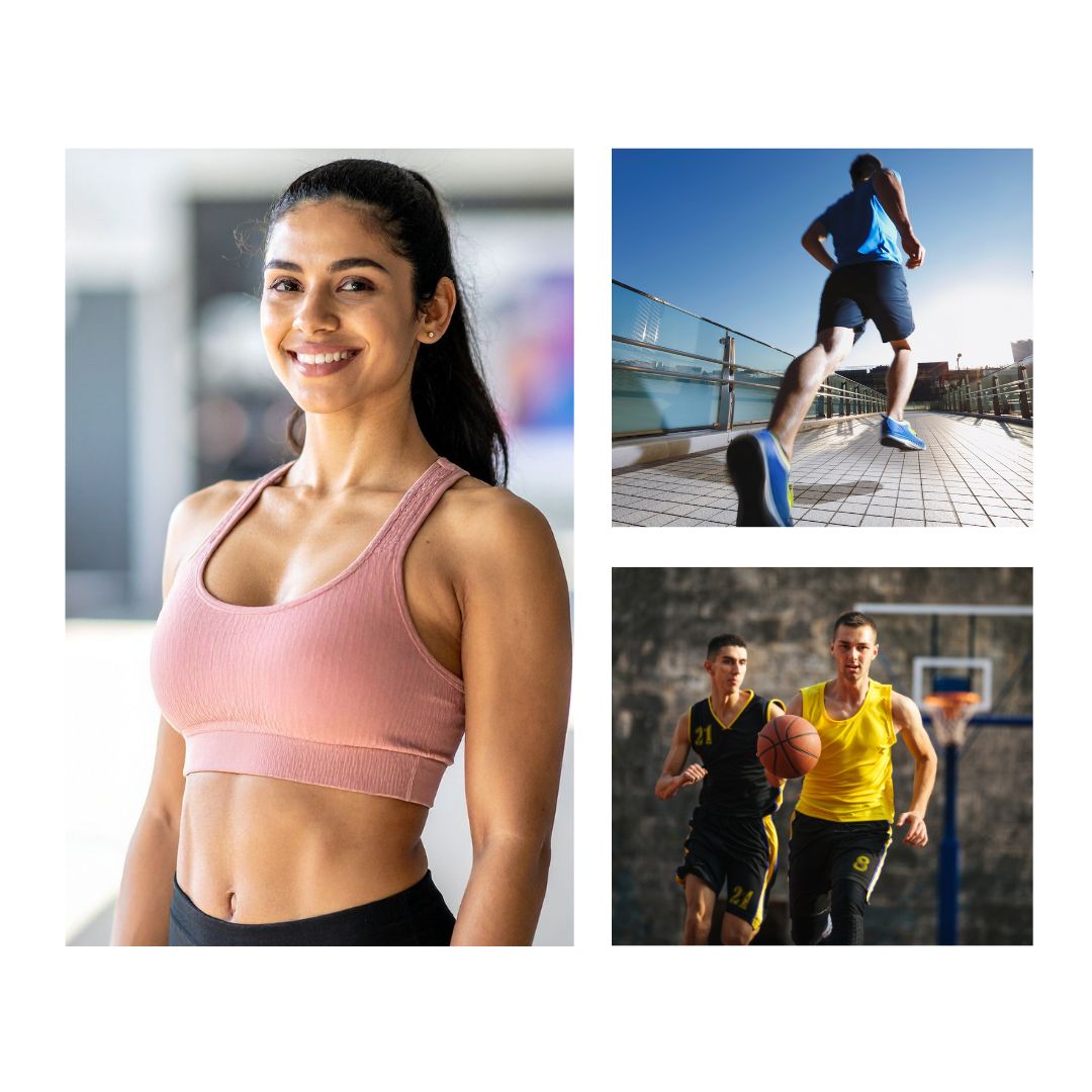 Athletic woman in pink sports bra with men running and playing basketball outdoor fitness collage