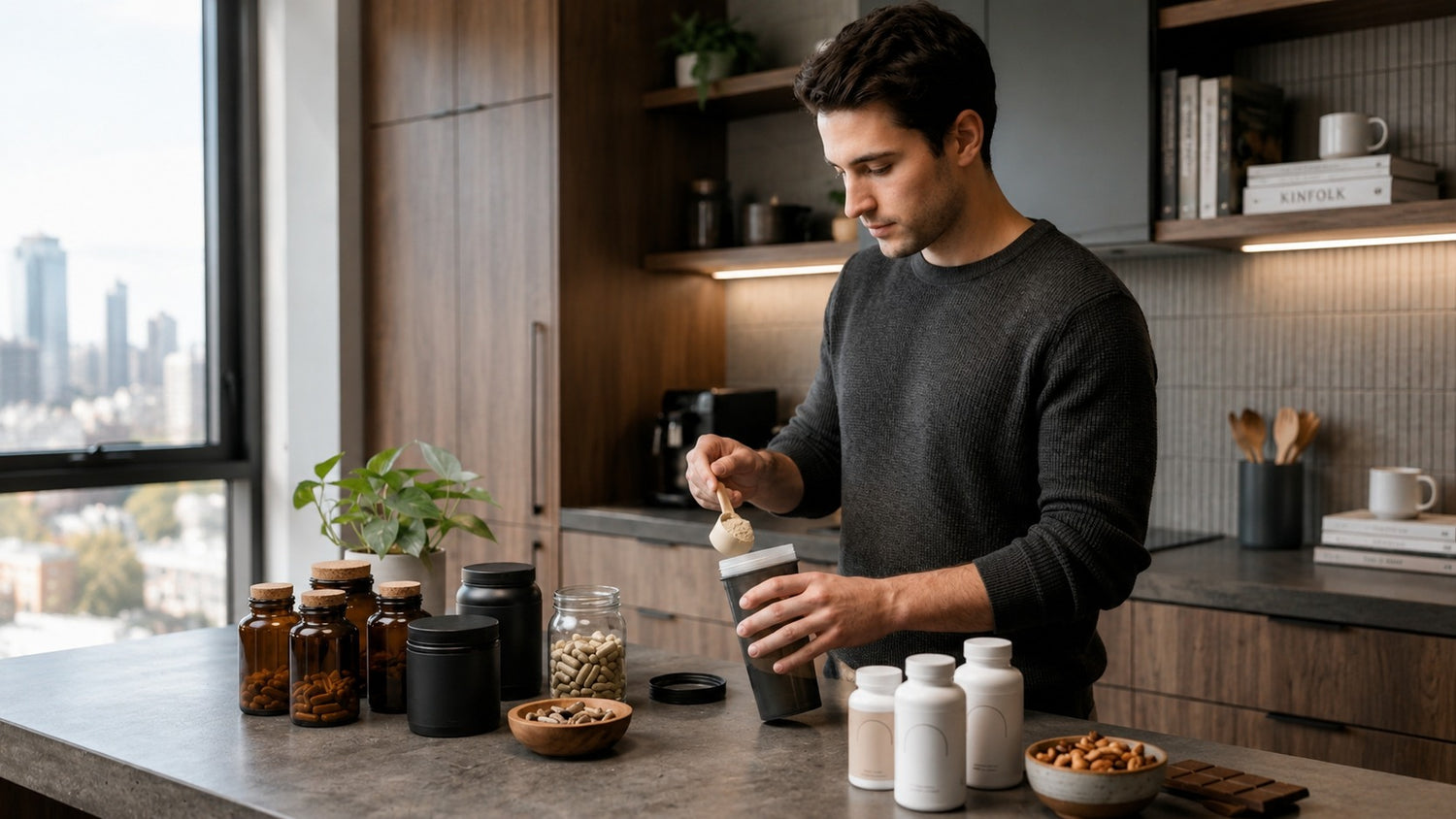 Young man preparing protein shake with supplements and vitamins in modern kitchen