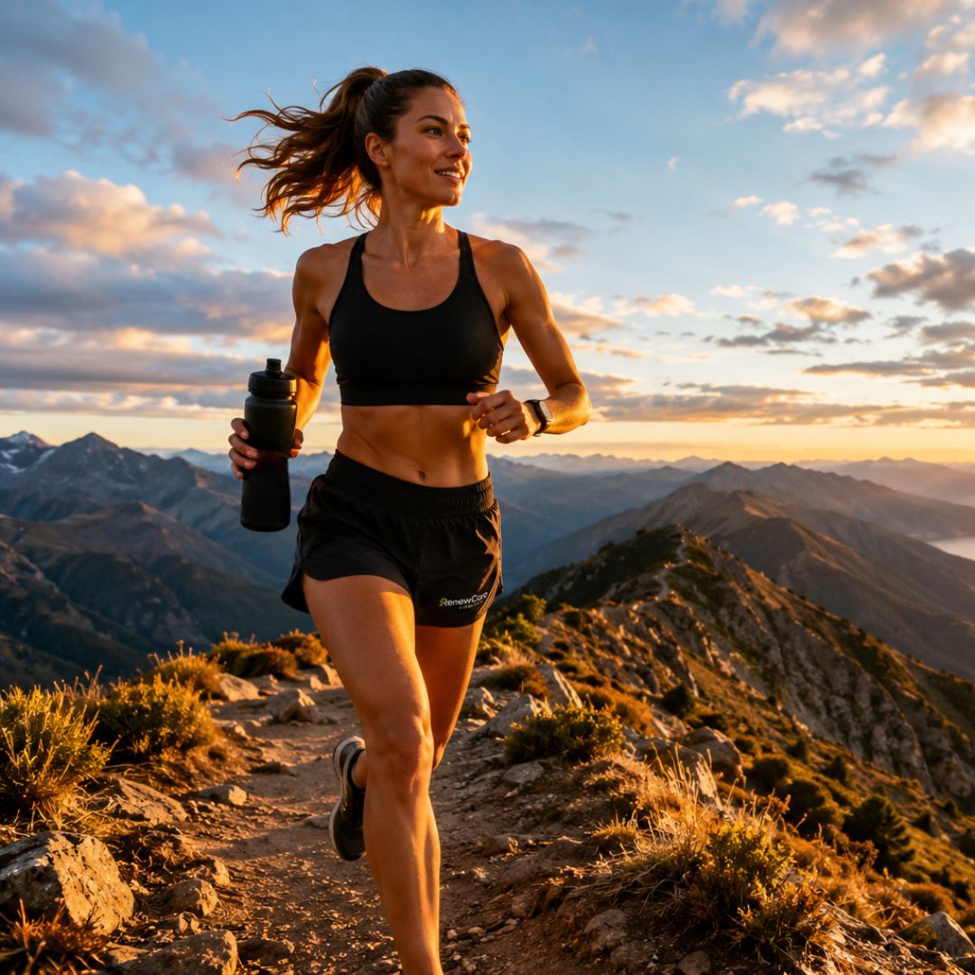 Athletic woman running on scenic mountain trail at beautiful golden hour sunset